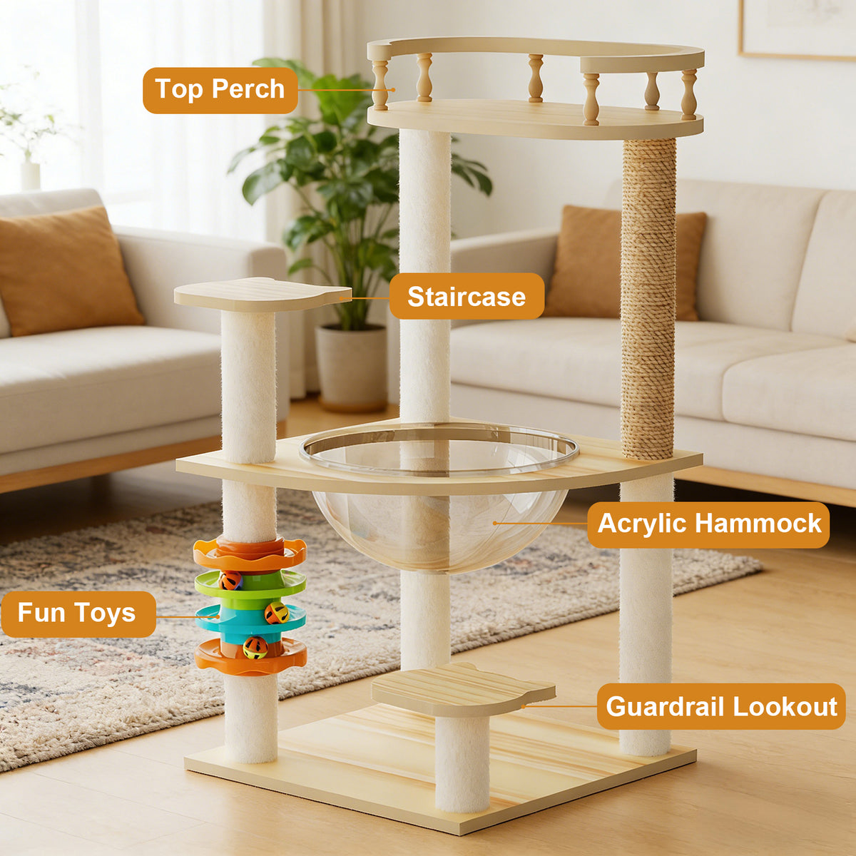 Modern wood cat tree tower with hammock and sisal posts