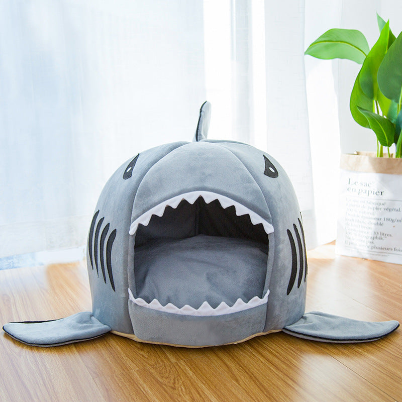 Plush shark cave bed for cats and small dogs