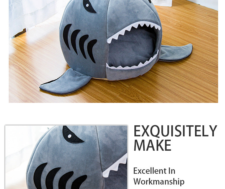 Plush shark cave bed for cats and small dogs