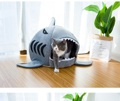 Plush shark cave bed for cats and small dogs