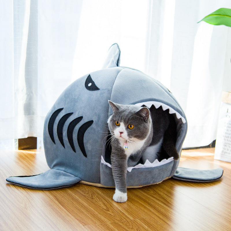 Plush shark cave bed for cats and small dogs