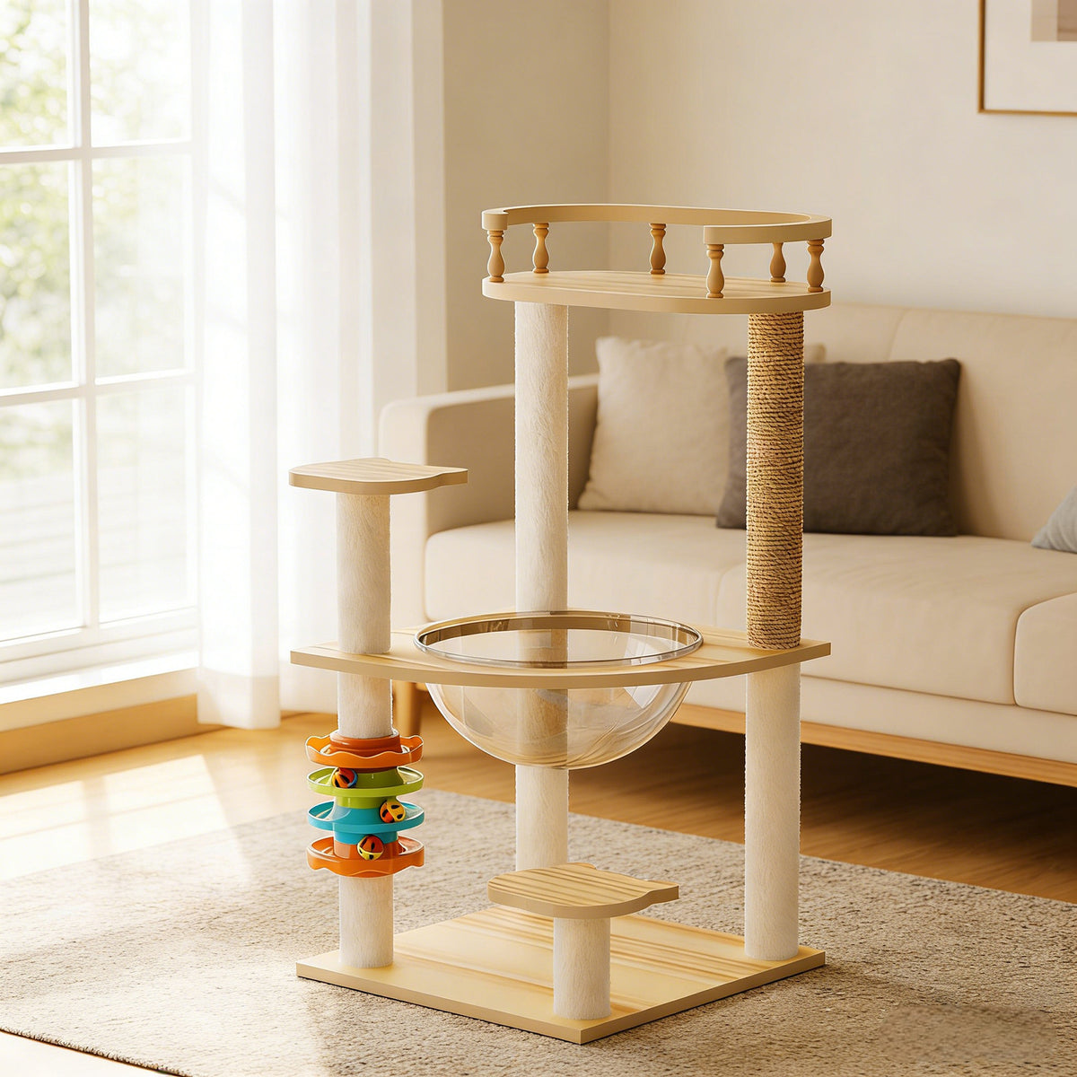 Modern wood cat tree tower with hammock and sisal posts