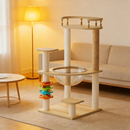 Modern wood cat tree tower with hammock and sisal posts