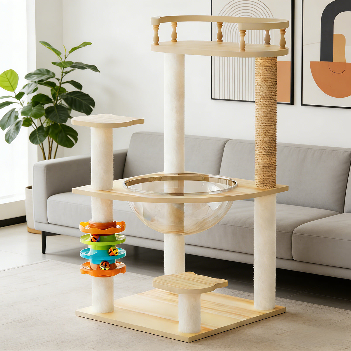 Modern wood cat tree tower with hammock and sisal posts