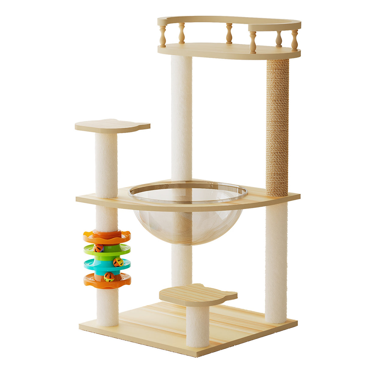 Modern wood cat tree tower with hammock and sisal posts
