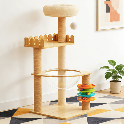 Modern wood cat tree tower with hammock and top bed