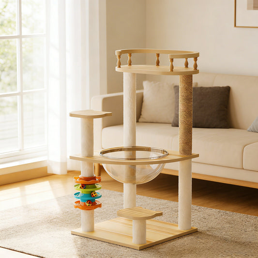Modern wood cat tree tower with hammock and sisal posts