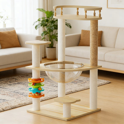 Modern wood cat tree tower with hammock and sisal posts