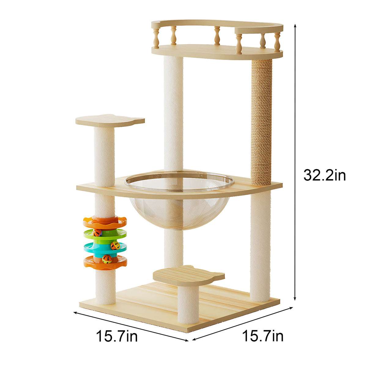 Modern wood cat tree tower with hammock and sisal posts