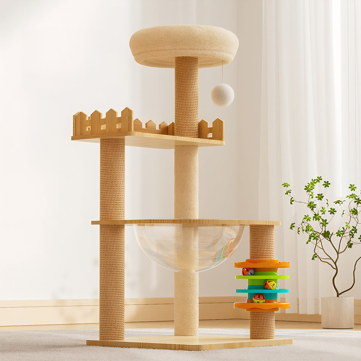 Modern wood cat tree tower in living room